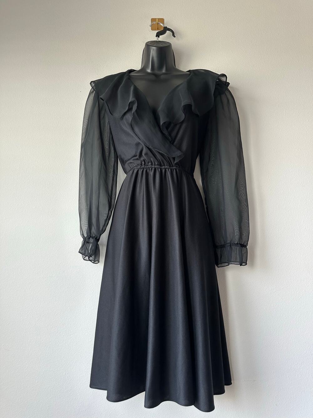 Vintage 80s Black Ruffle Midi Dress Sheer Bishop Sleeves Dark Romantic Size M